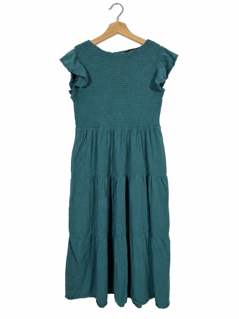 ZESICA Smocked Midi Dress Tiered Flutter Sleeve Size XL Teal Cottagecore Casual